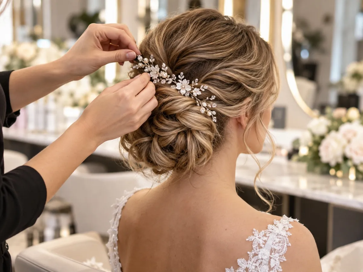 Acconciatura sposa elegante realizzata da Adeline Coiffeur Balduina